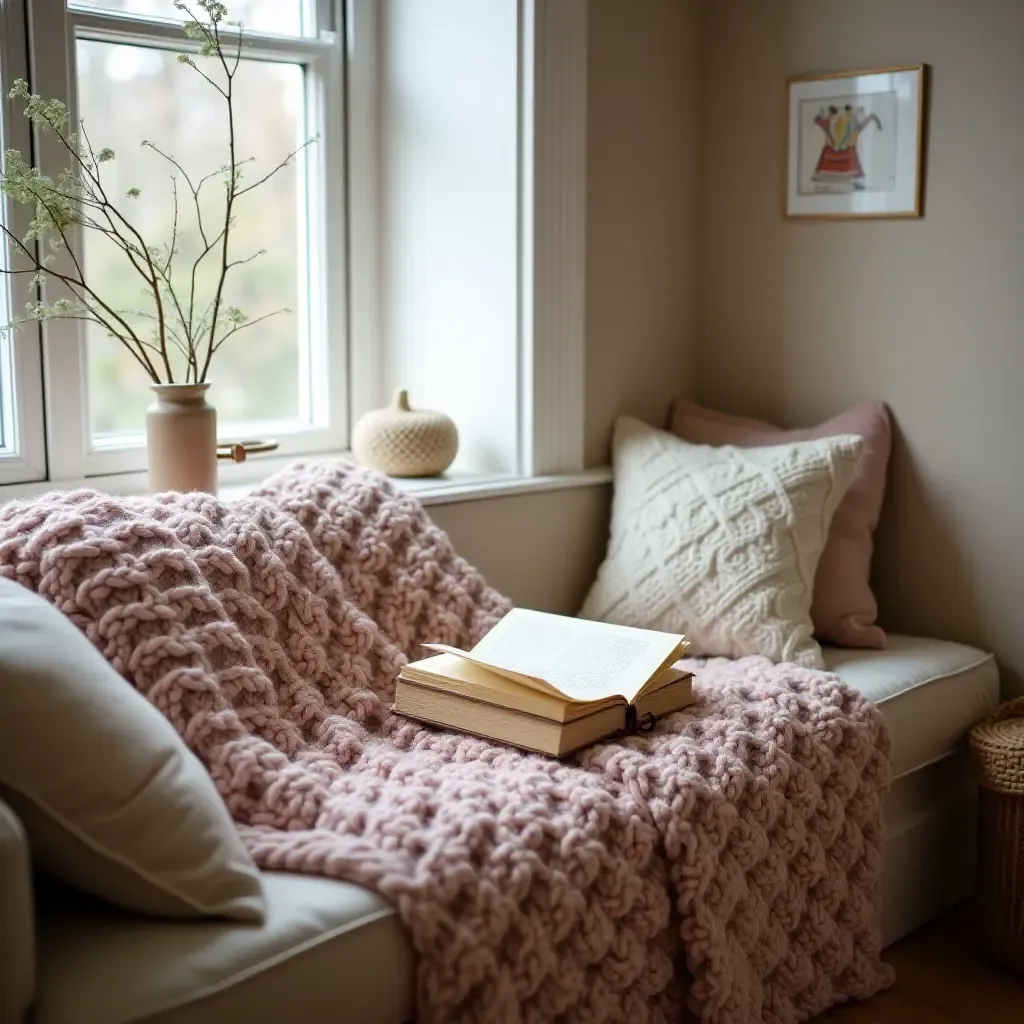 a photo of a cozy reading nook with a knitted blanket and pillows