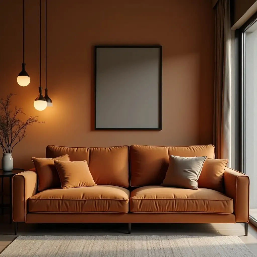 a photo of a living room showcasing a cognac couch and stylish lighting fixtures