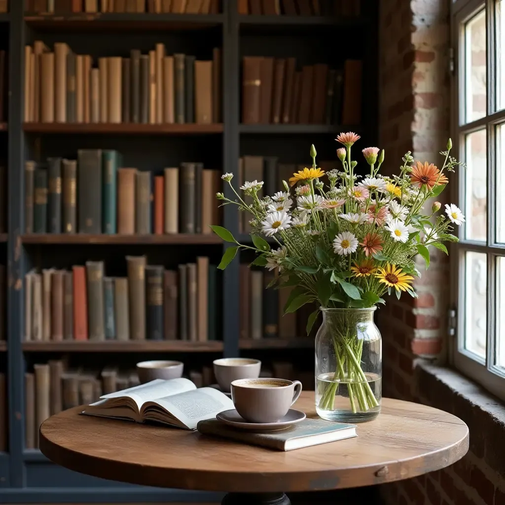 a photo of a rustic coffee nook with books and fresh flowers