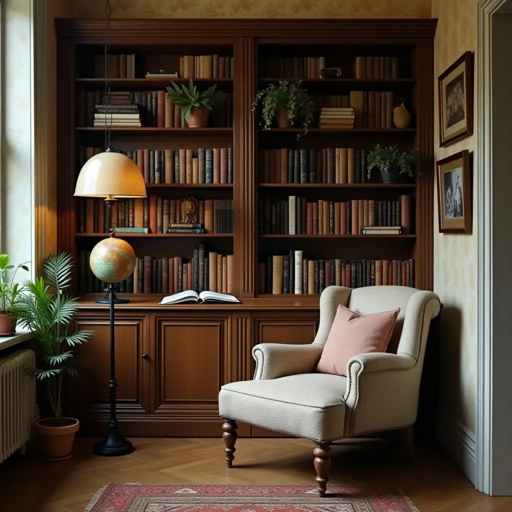 a photo of a reading nook with a vintage bookshelf and a globe