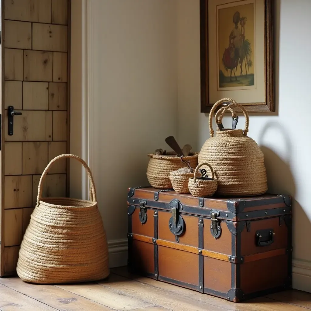 a photo of a quaint space with a vintage trunk and handwoven baskets