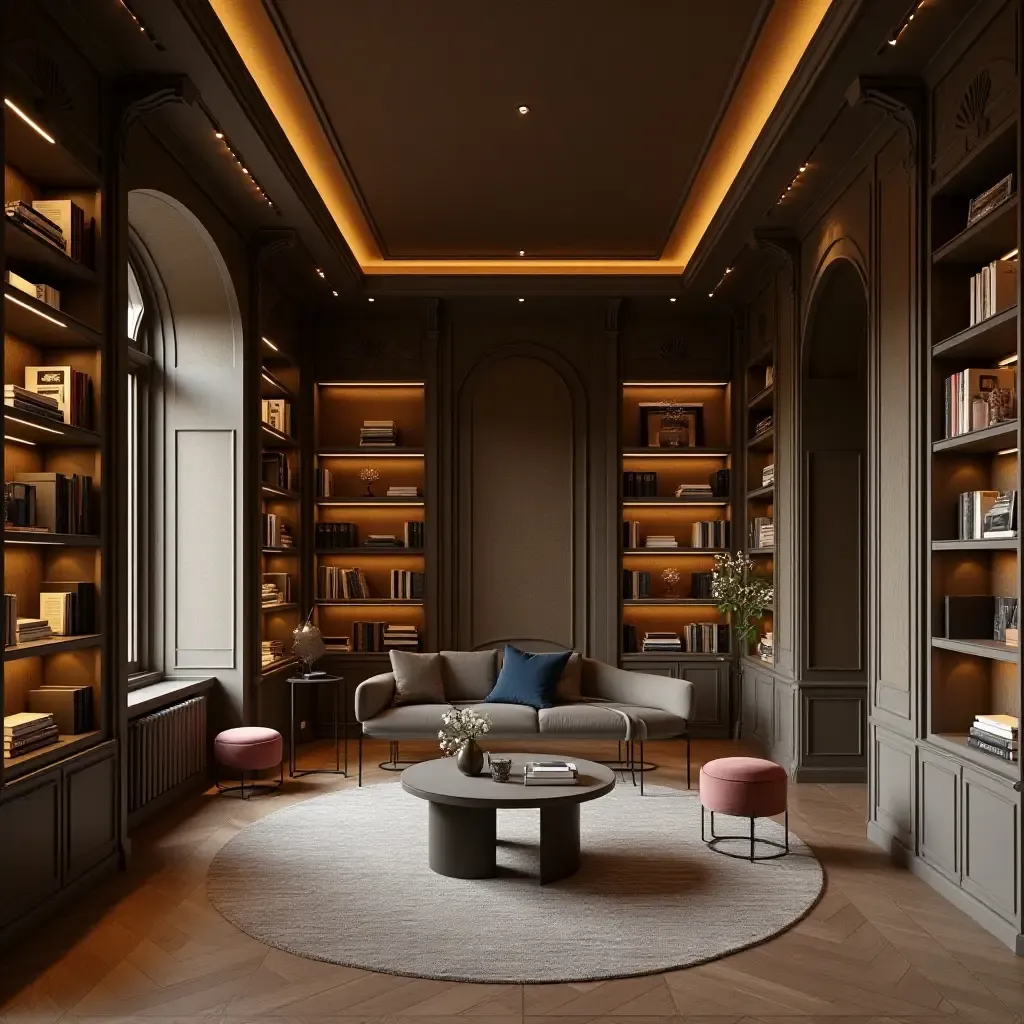 a photo of a serene library with bronze accents and soft lighting