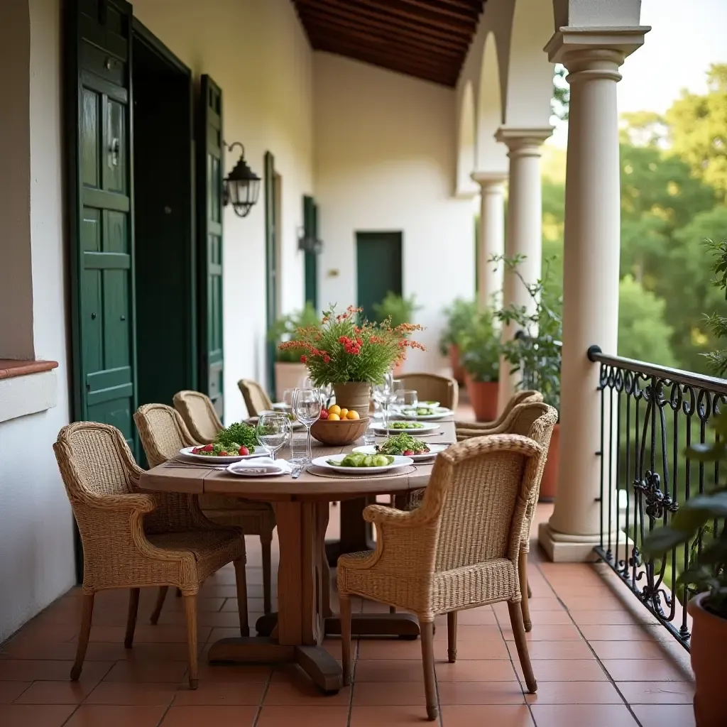 a photo of a balcony with a vintage wooden table set for a Mediterranean feast