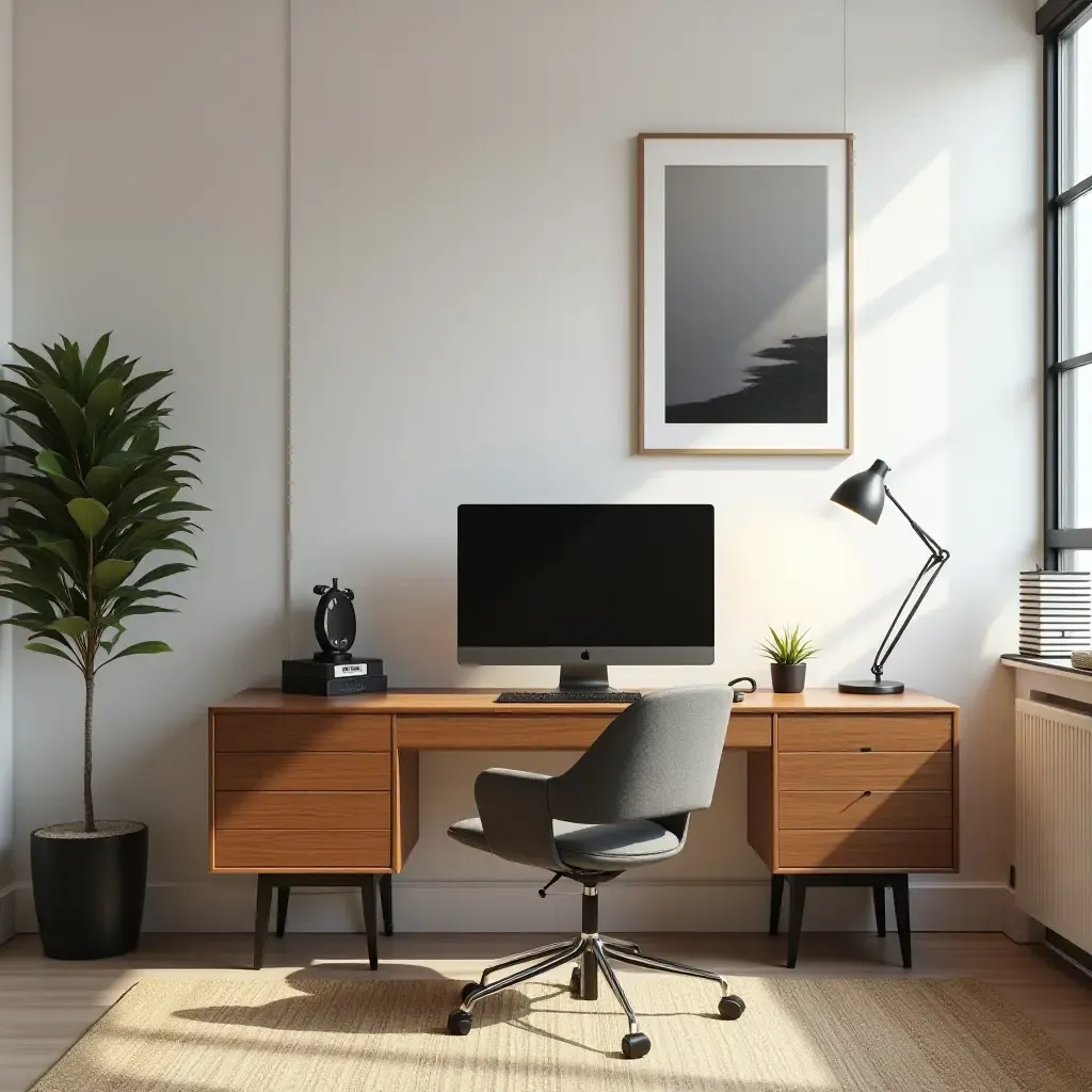 a photo of a modern home office with vintage furniture accents and modern tech