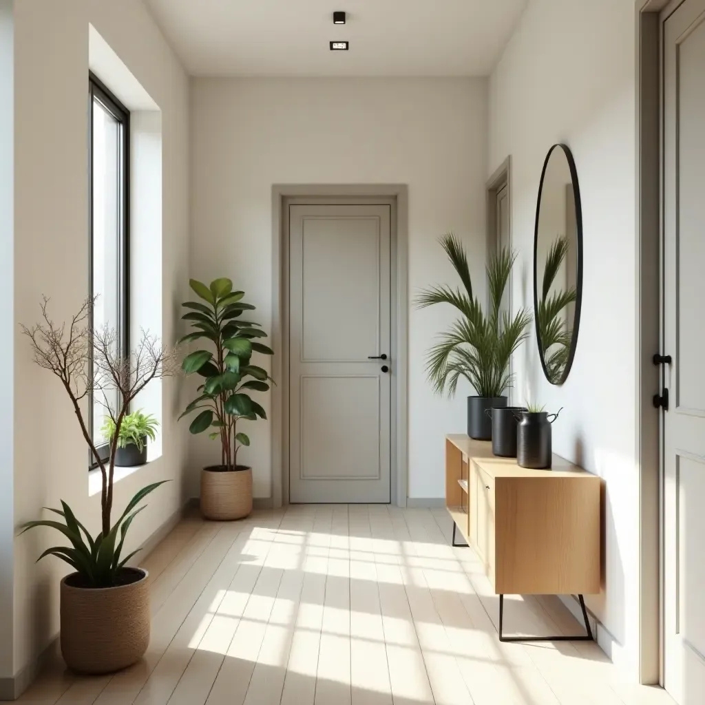 a photo of a corridor with a stylish plant stand and accessories