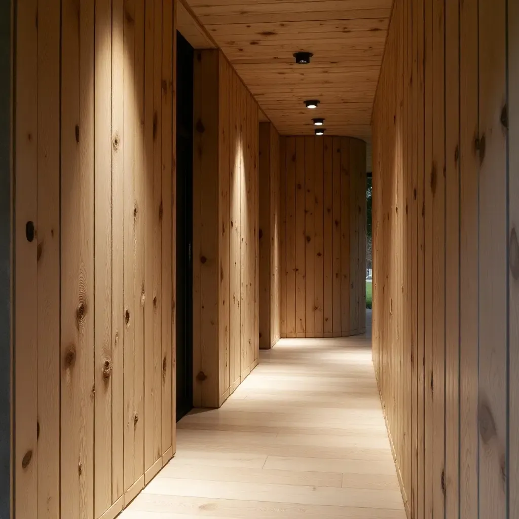 a photo of a corridor featuring reclaimed wood decor