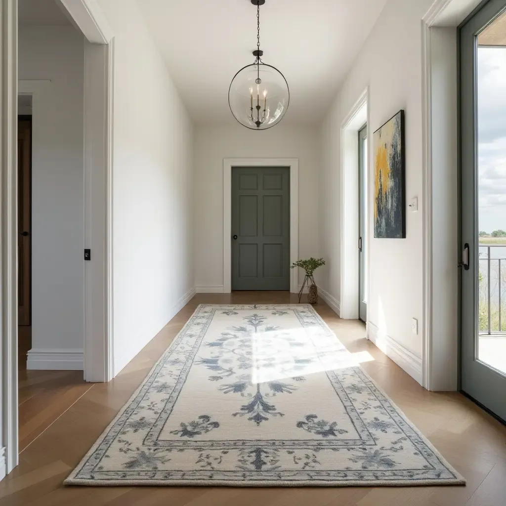 a photo of a unique, asymmetrical rug layout in a stylish hallway