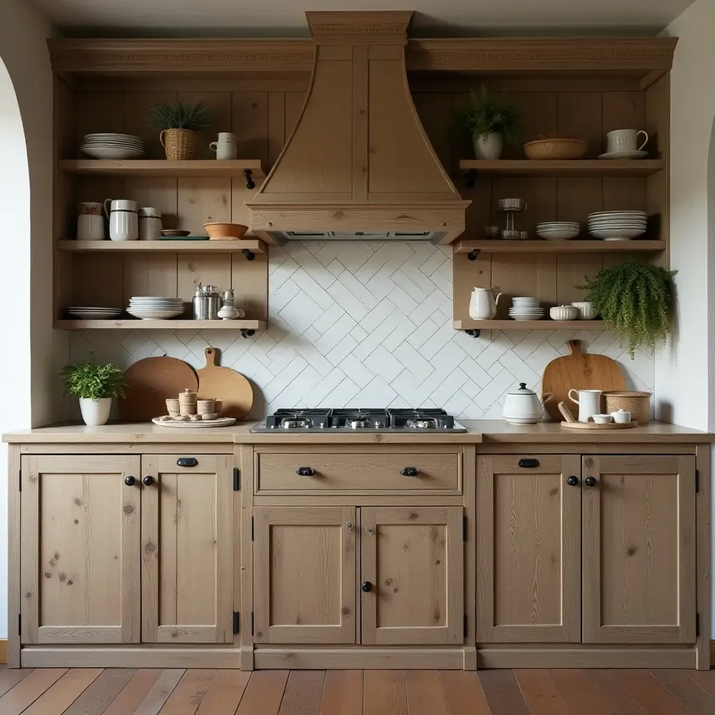 a photo of a rustic farmhouse kitchen with vintage wooden cabinets and open shelving