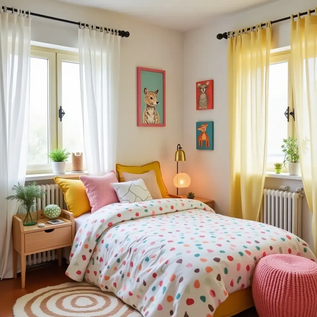 a photo of a whimsical farmhouse-themed bedroom with animal motifs and bright colors