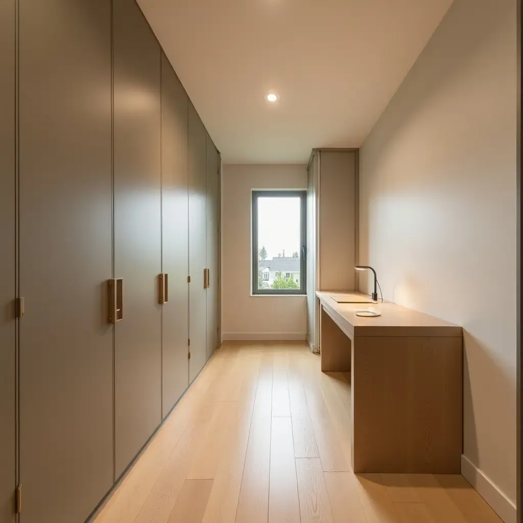 a photo of a narrow corridor featuring a foldable desk