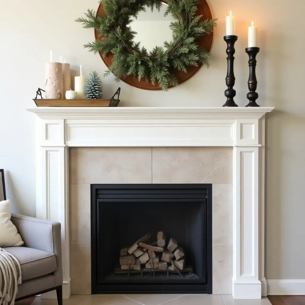 a photo of a cozy mantel decorated with a mirrored tray and seasonal decor