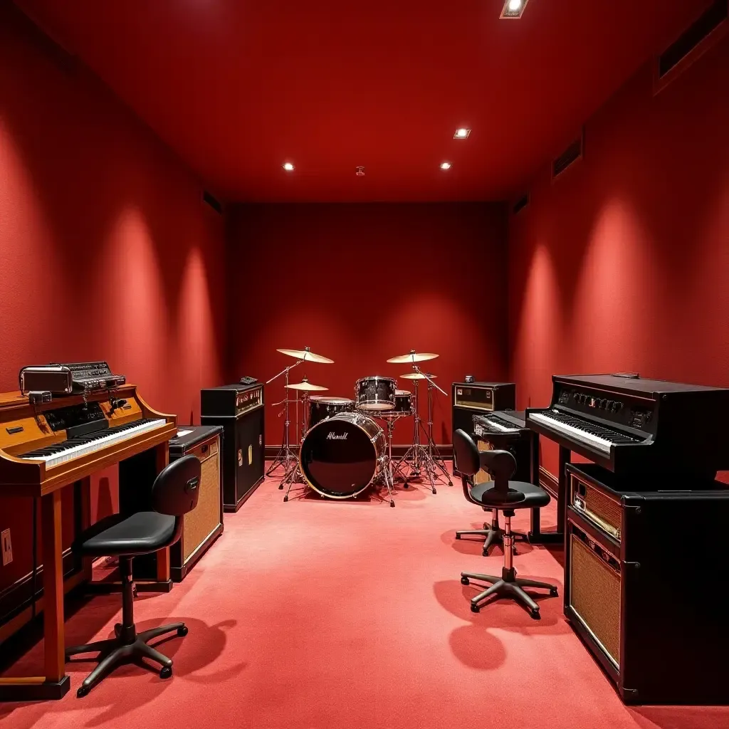 a photo of a vibrant basement music room with instruments and soundproofing