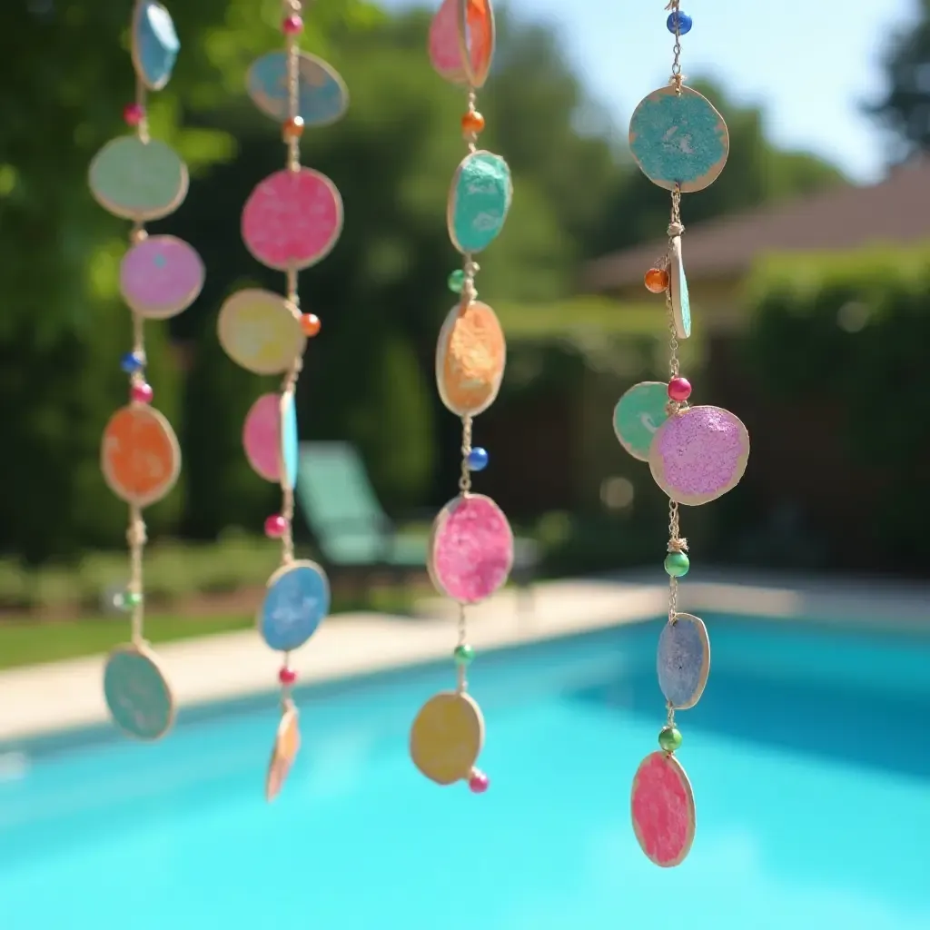 a photo of colorful DIY wind chimes hanging by the pool