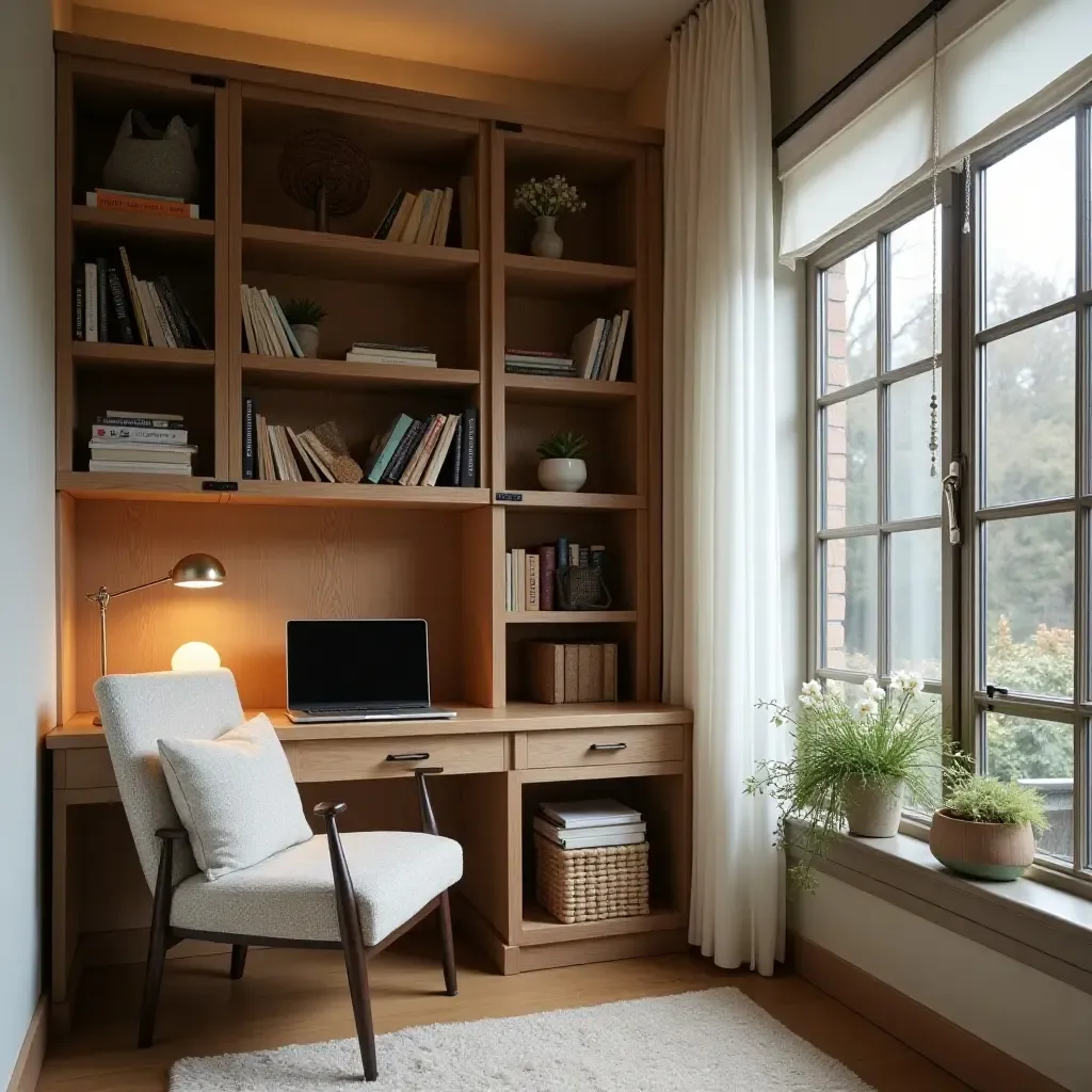 a photo of a cozy reading nook with a small desk and bookshelf