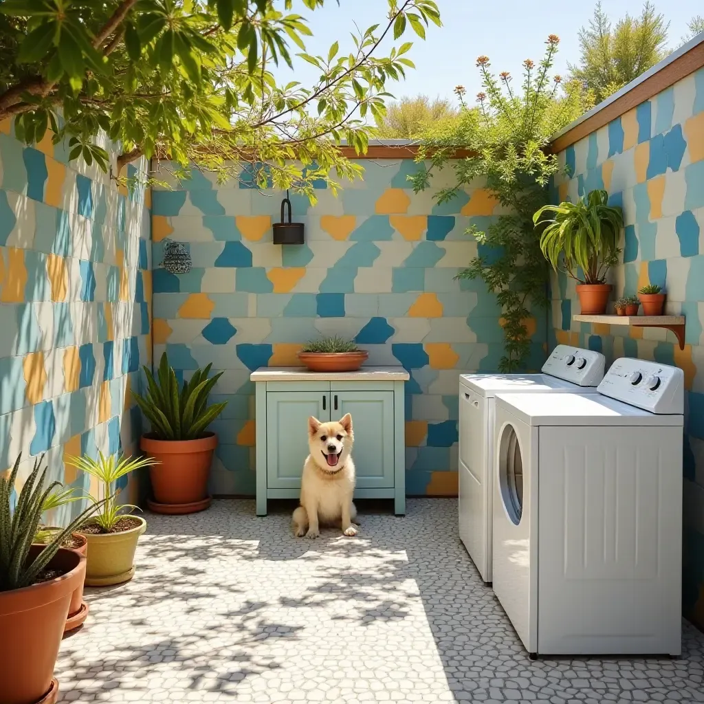 a photo of a vibrant outdoor laundry space with patterned tiles and a built-in folding station