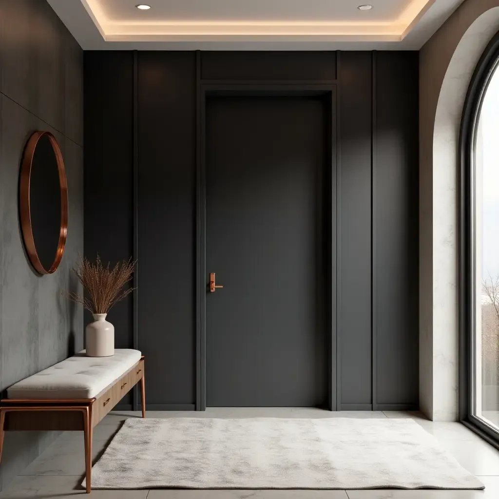 a photo of a sophisticated charcoal and rose gold entryway with sleek lines