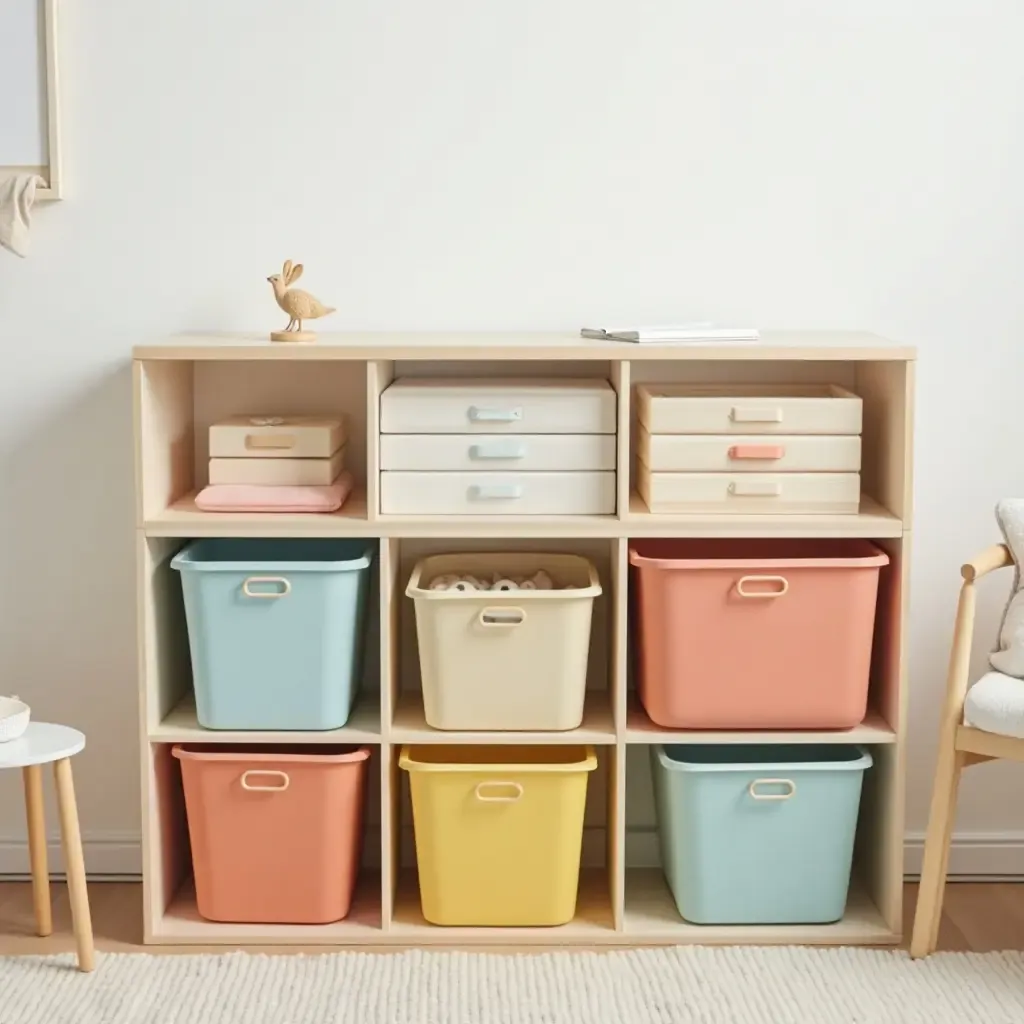 a photo of colorful storage bins neatly arranged in a nursery