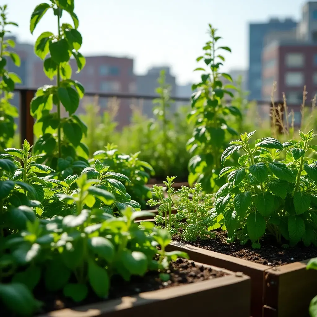 a photo of a rooftop garden with a variety of herbs