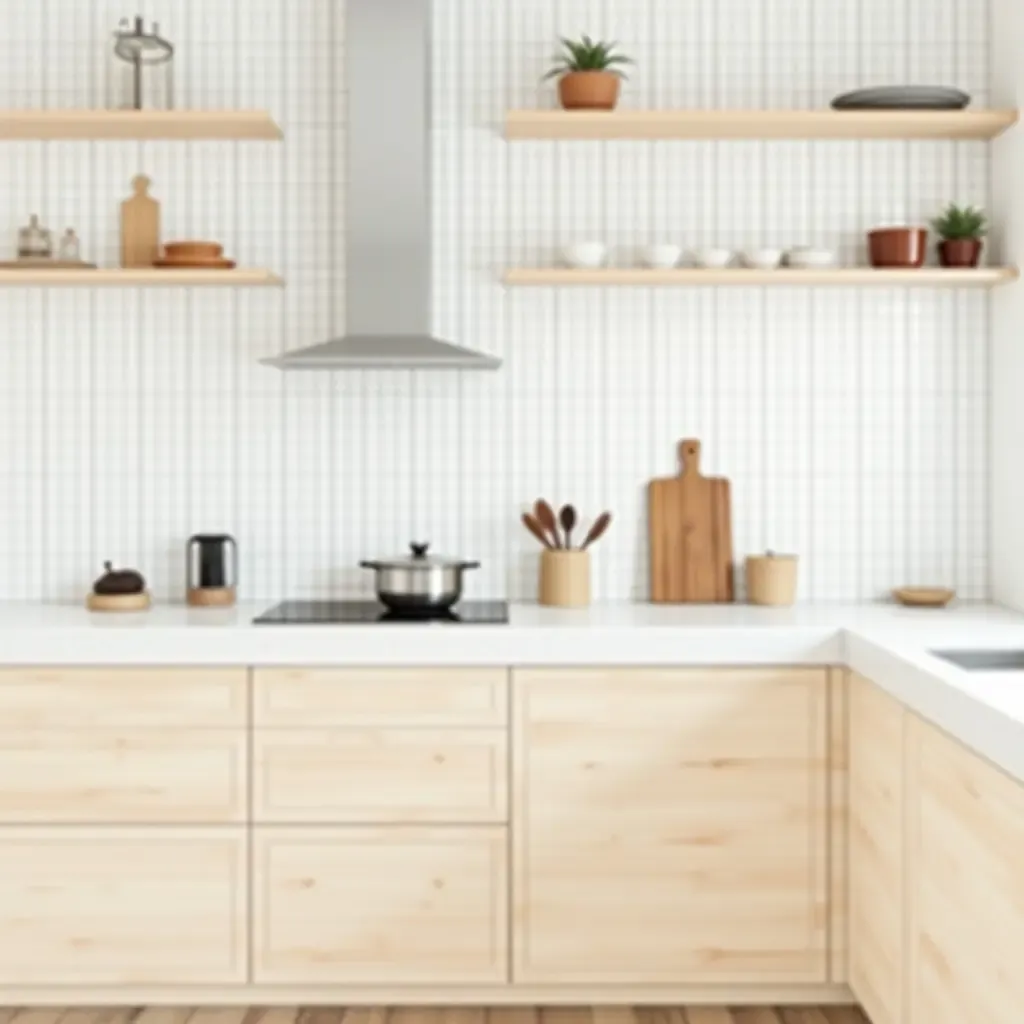 a photo of a Scandinavian-inspired kitchen with light wood and white finishes