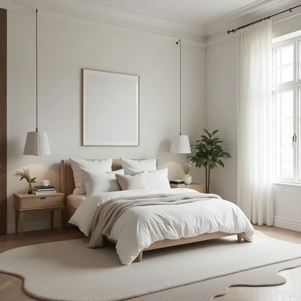 a photo of a chic bedroom featuring a large rug and clean lines