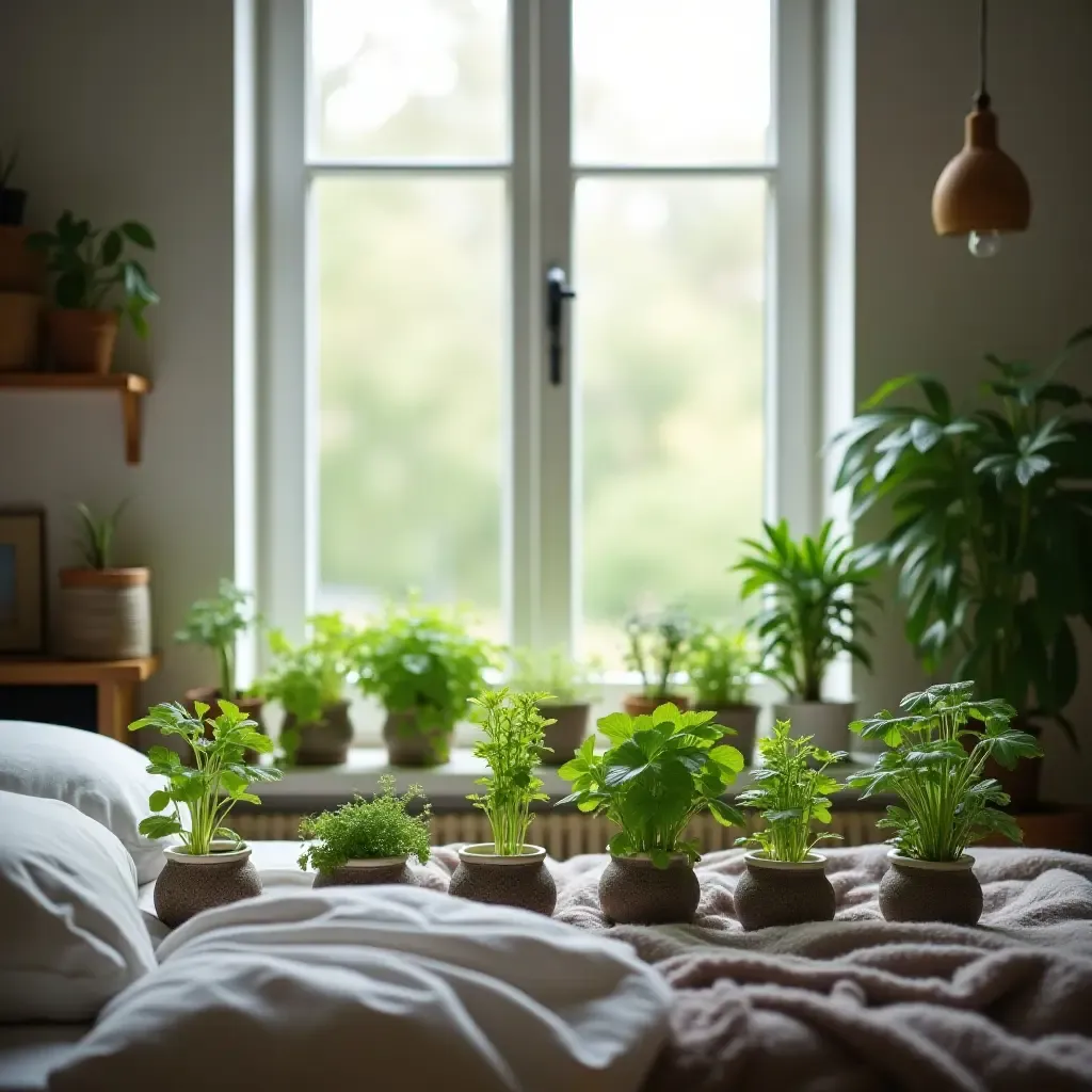 a photo of a bedroom with a small indoor herb garden on the windowsill