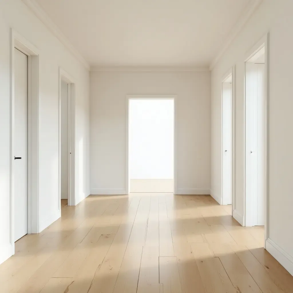 a photo of a spacious hallway with light wood flooring and a neutral color palette