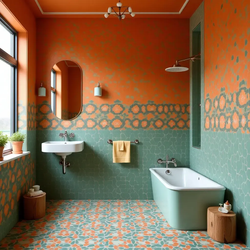 a photo of a striking orange and turquoise bathroom with artistic tiles