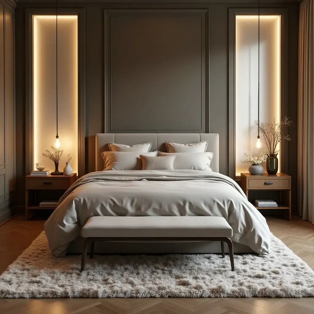 a photo of a sophisticated bedroom with a luxurious bedspread and plush rugs