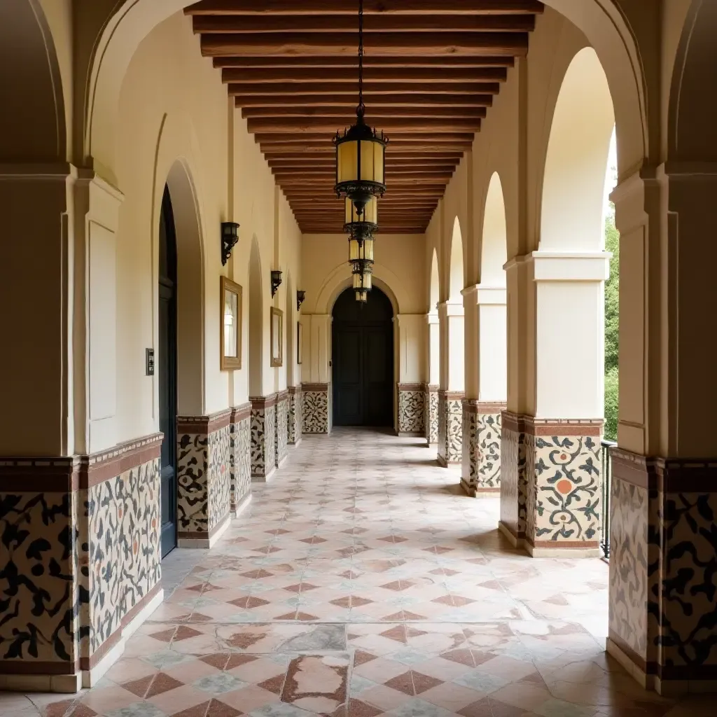 a photo of a Mediterranean-inspired corridor with a mix of patterns and textures