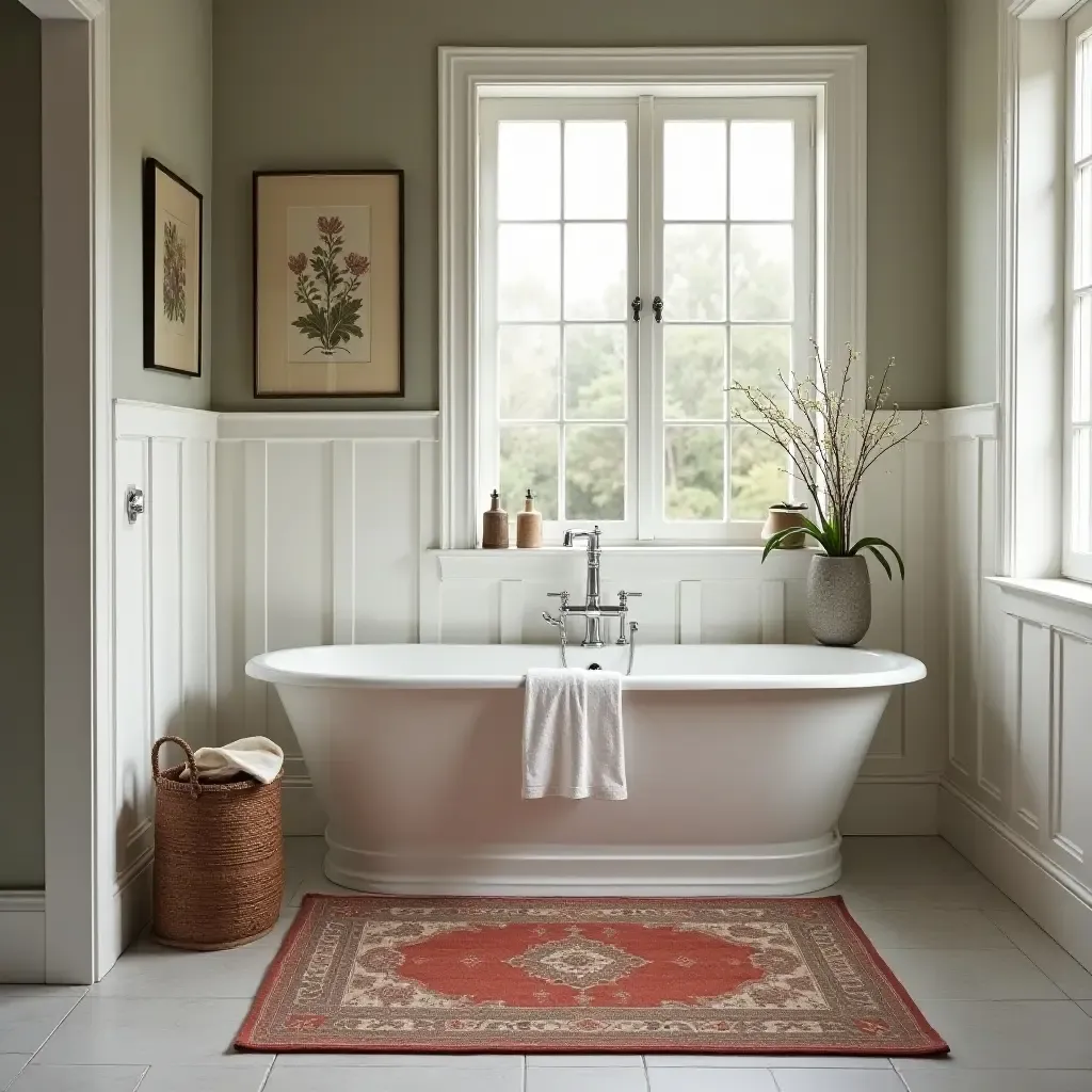 a photo of a charming bathroom with a vintage rug