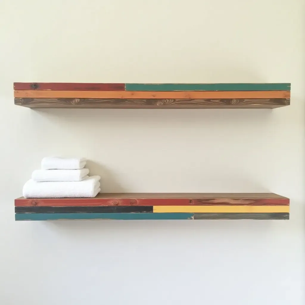 a photo of a colorful DIY bathroom shelf made from reclaimed wood