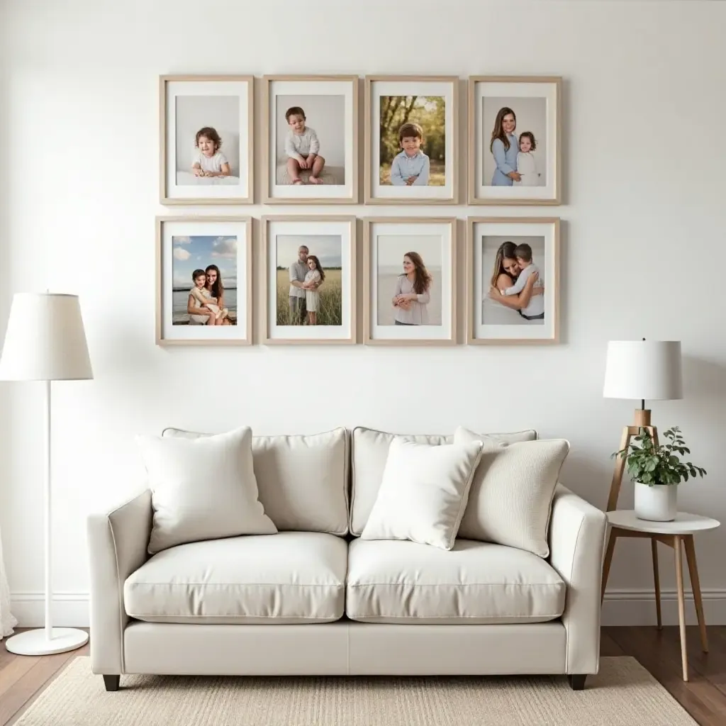 a photo of a DIY gallery wall in a basement featuring family photos