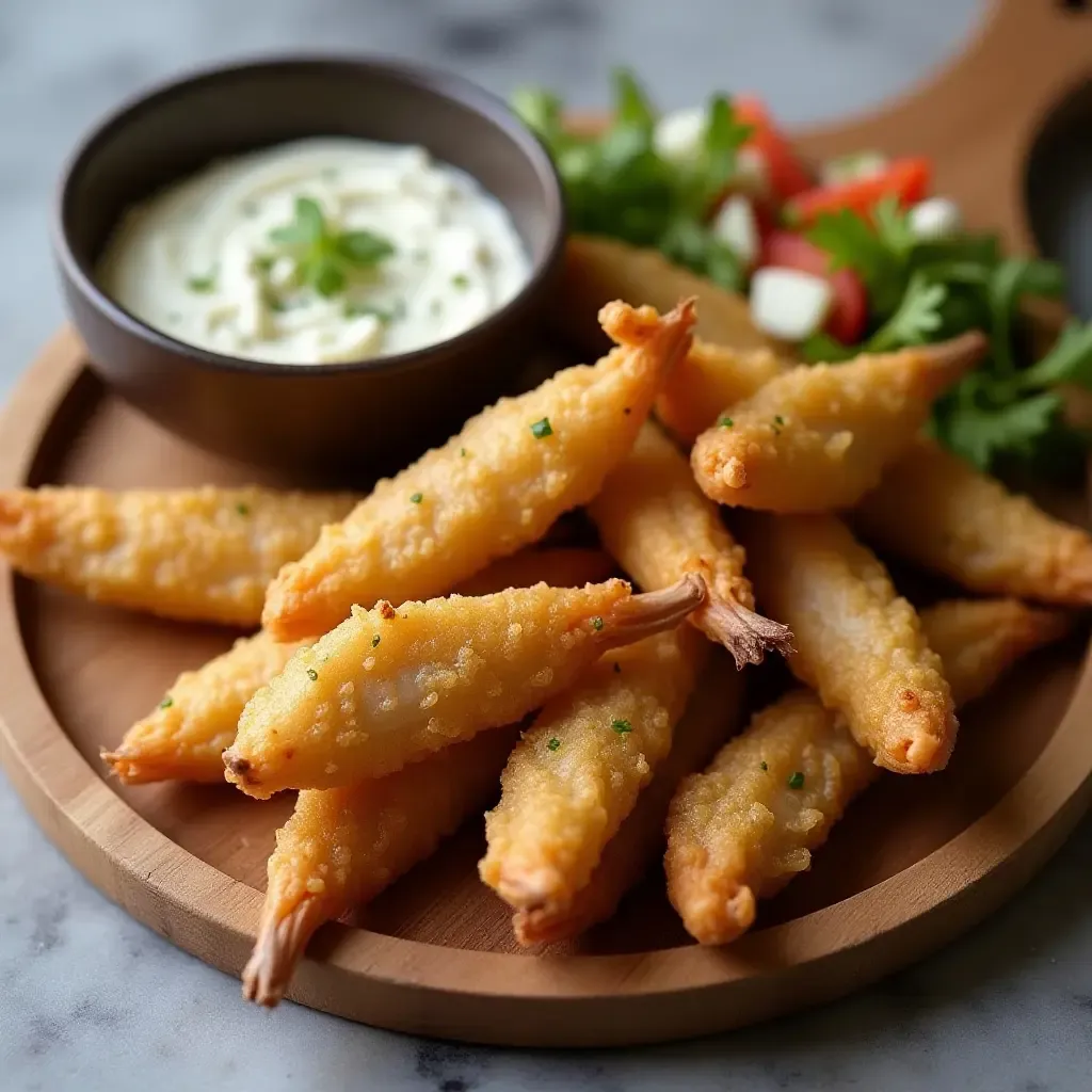 a photo of fried smelts with a side of skordalia dip, on a wooden platter