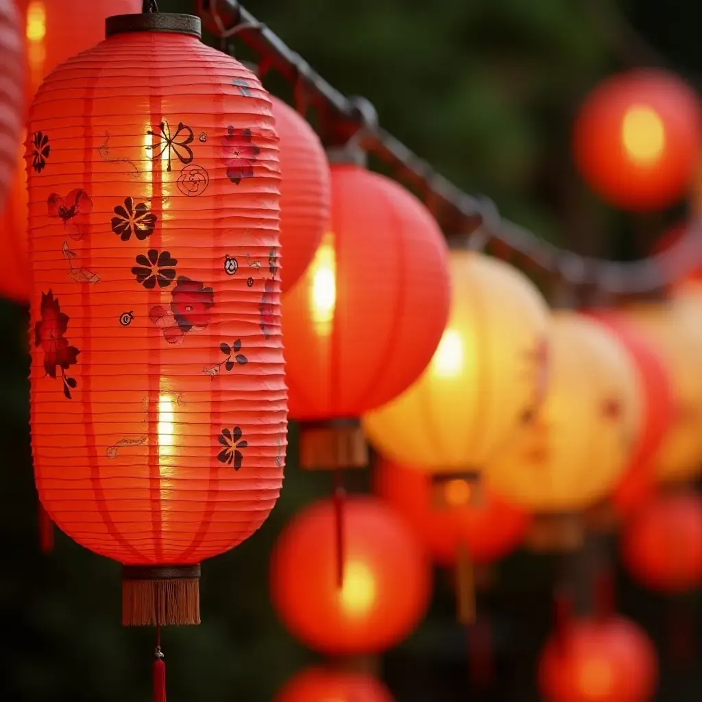 a photo of a series of colorful paper lanterns hanging