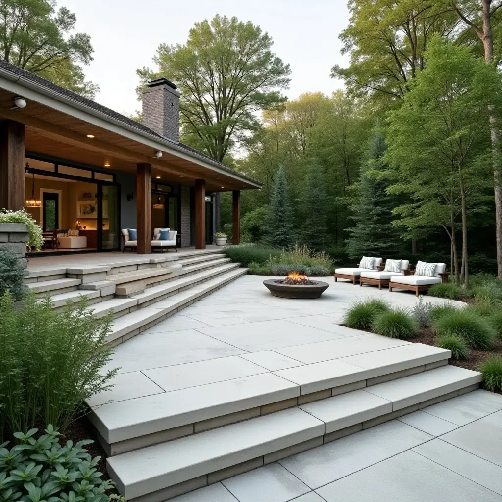 a photo of a multi-level concrete patio with steps and diverse seating arrangements