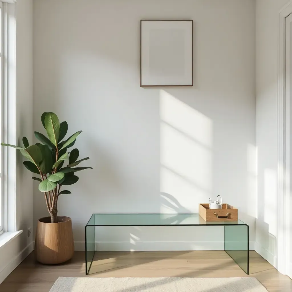 a photo of a sleek, glass bench that visually expands a small entryway space