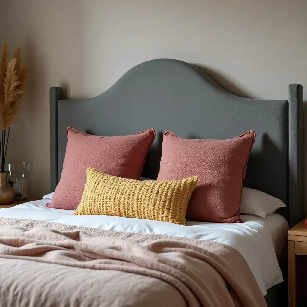 a photo of a grey headboard with colorful throw pillows and a cozy blanket