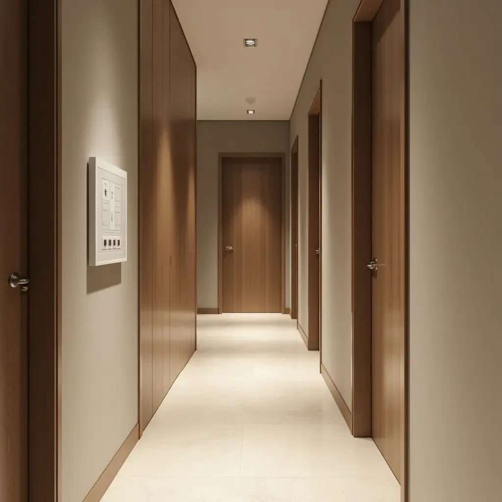 a photo of a narrow corridor with a smart home control panel