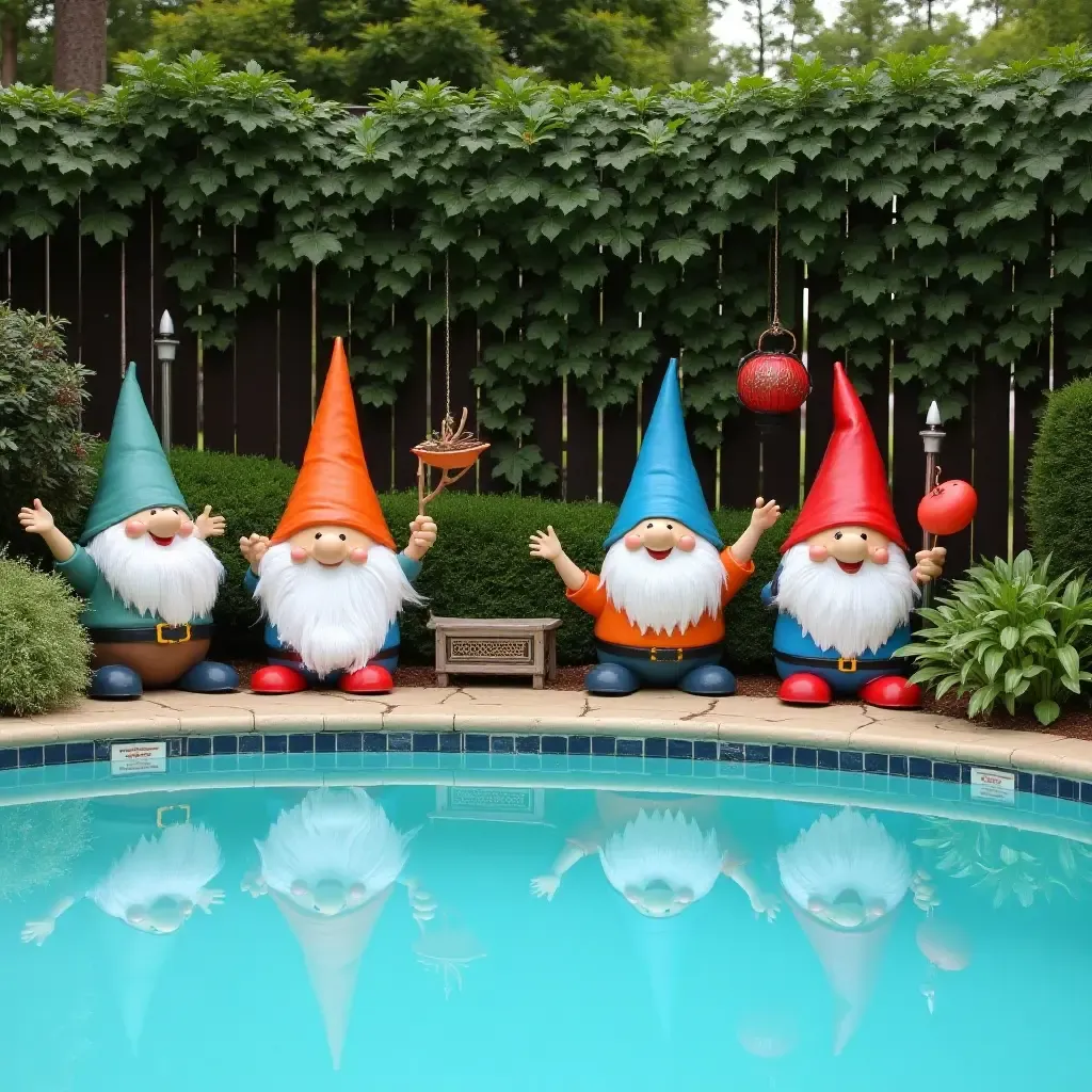 a photo of a pool area featuring whimsical garden gnomes and decorations