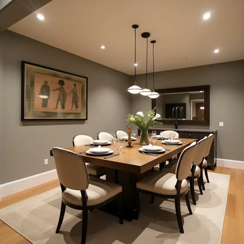 a photo of a classic dining set in a basement dining area