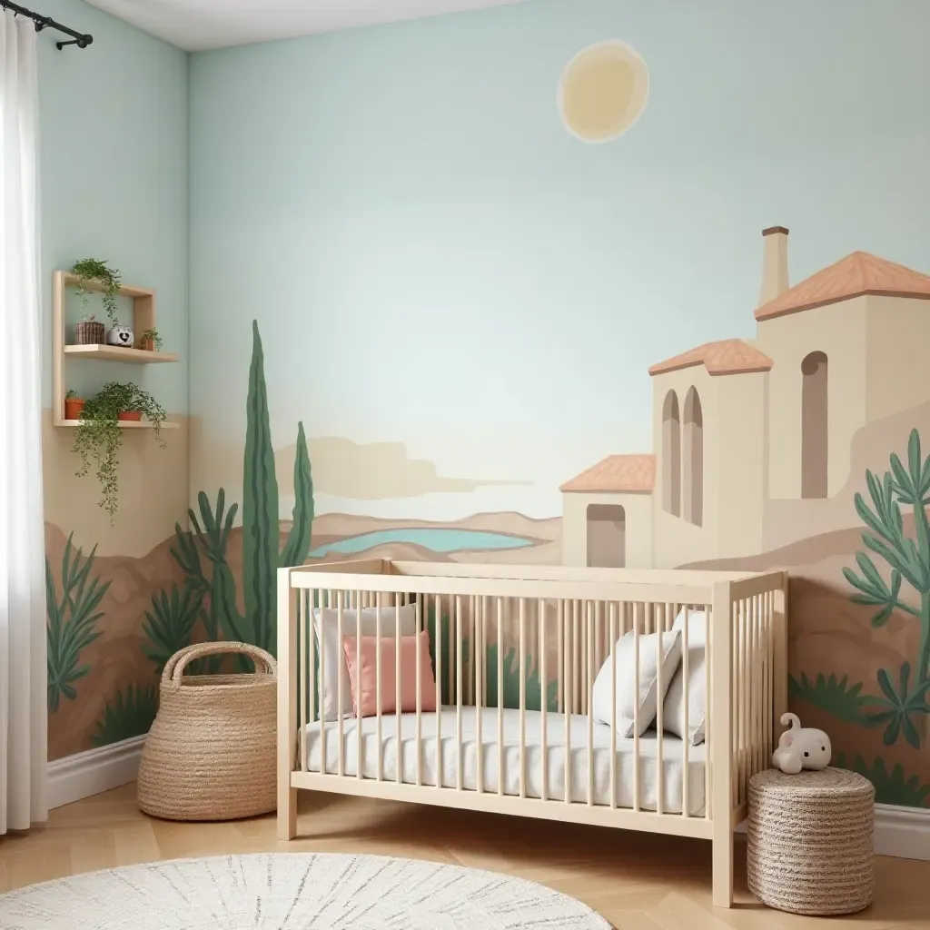 a photo of a nursery featuring a mural of a Mediterranean landscape