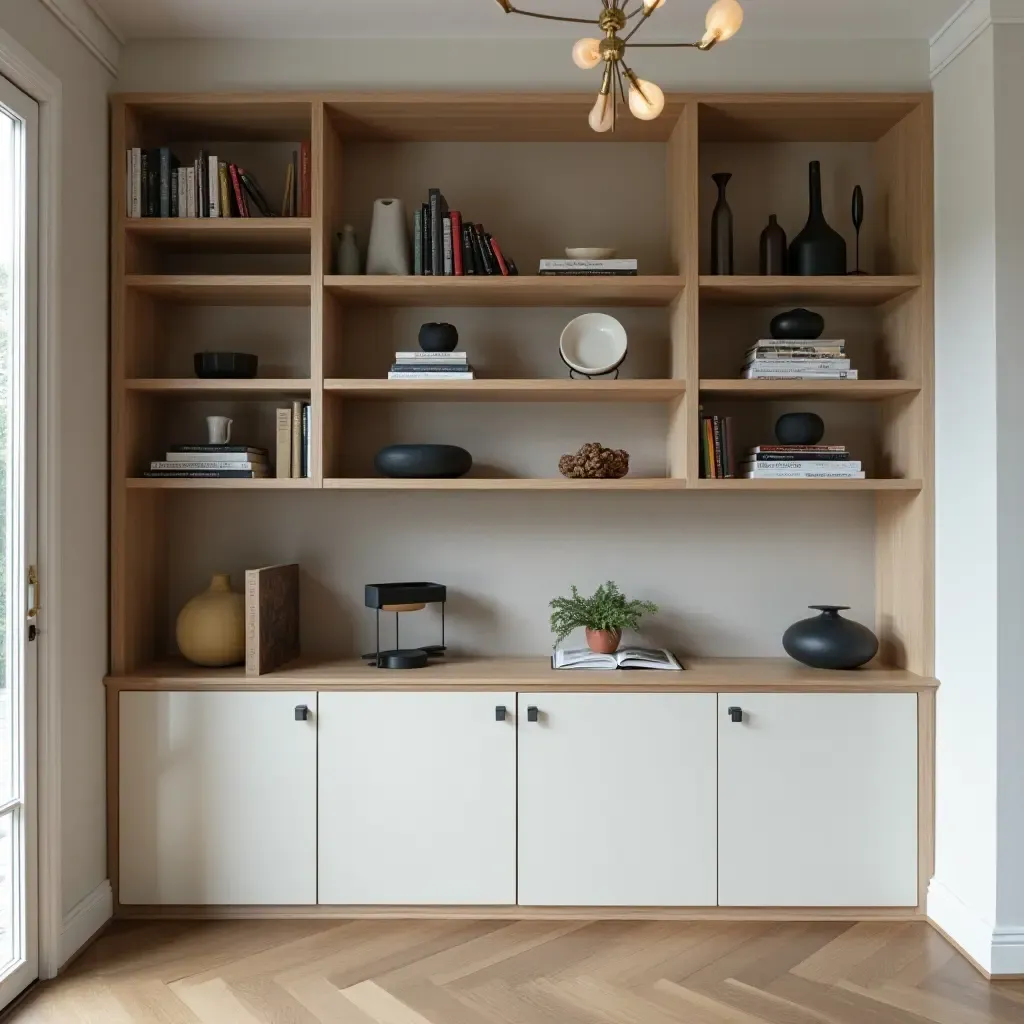 a photo of a stylish open shelf with a mix of books and decorative objects