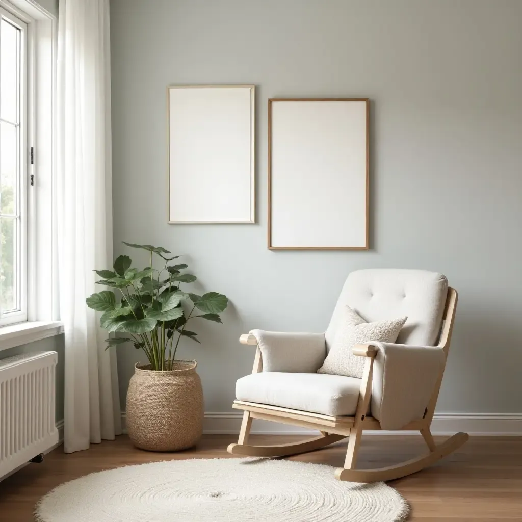 a photo of a nursery with a vintage rocking chair in the reading nook