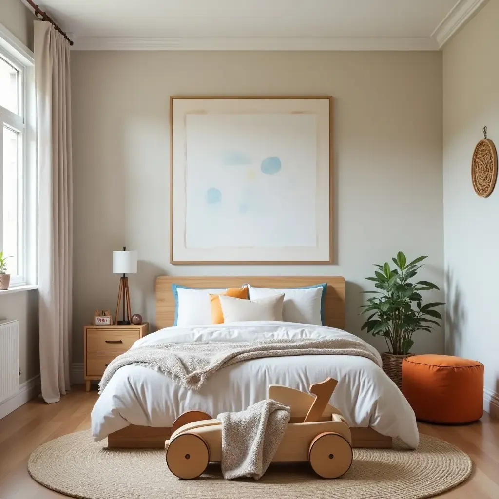 a photo of a fun kids&#x27; bedroom with wooden race car decor