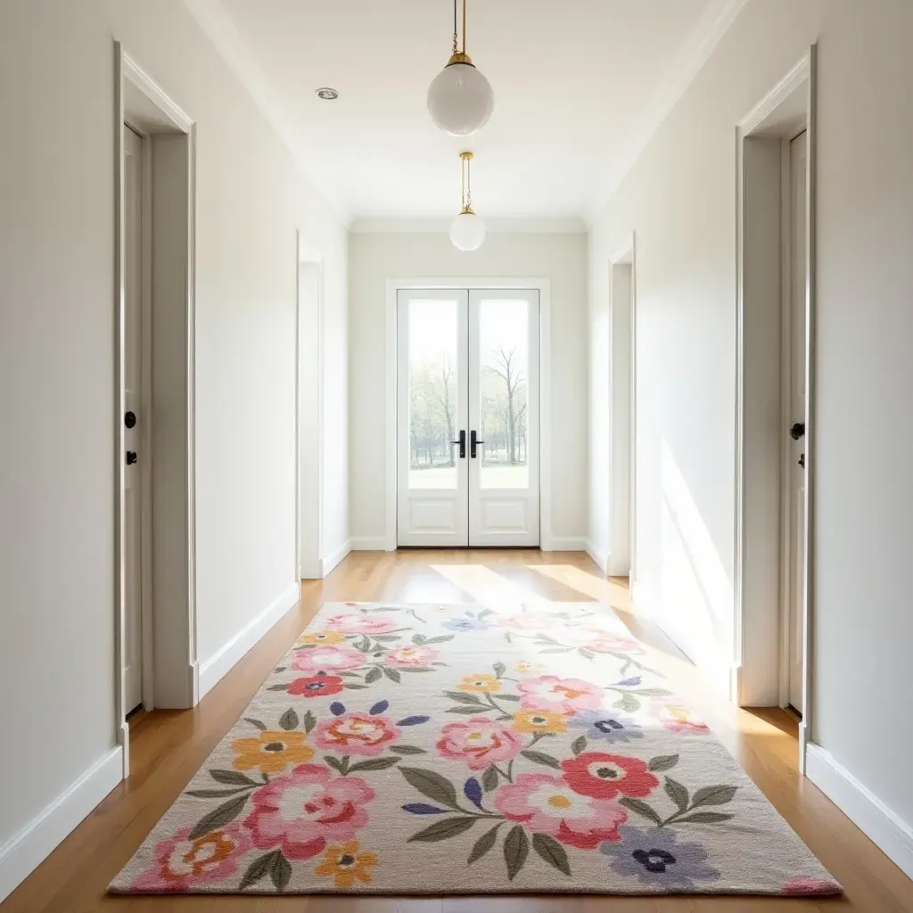 a photo of an oversized floral rug in a bright, airy hallway