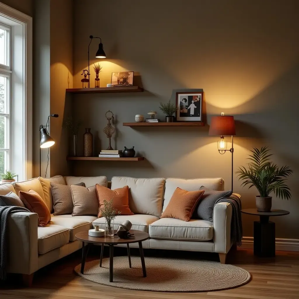 a photo of a living room decorated with antique industrial lamps and wooden shelves