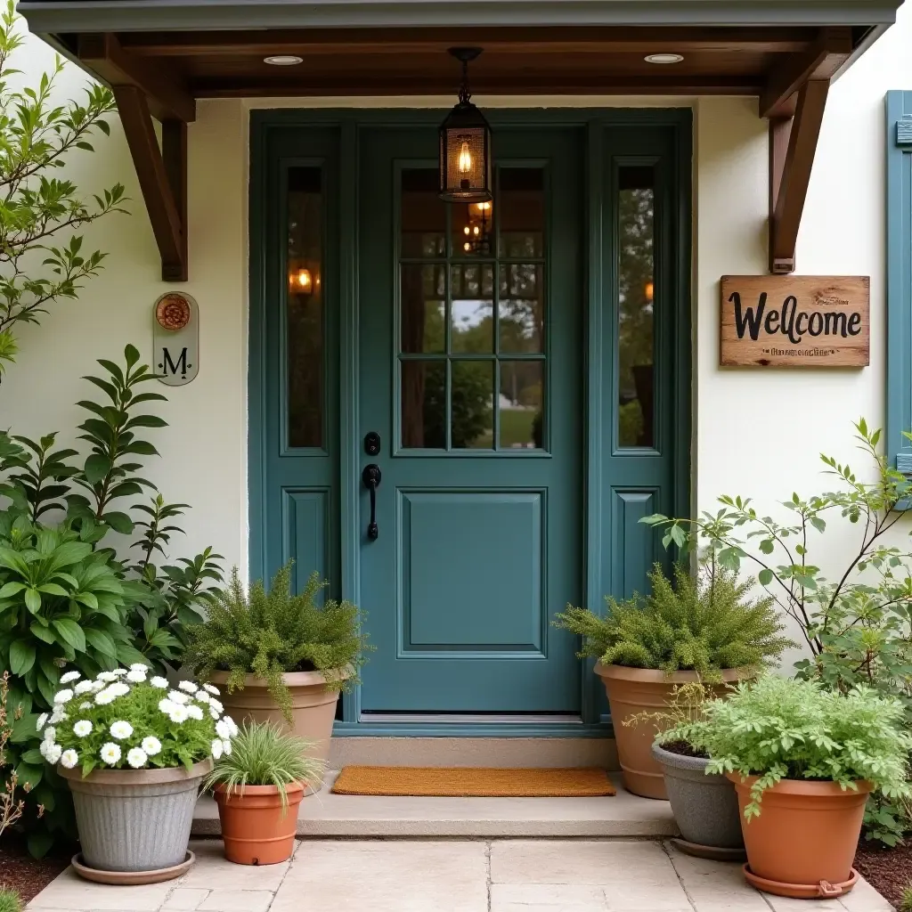 a photo of a quaint entryway with a vintage welcome sign and potted plants