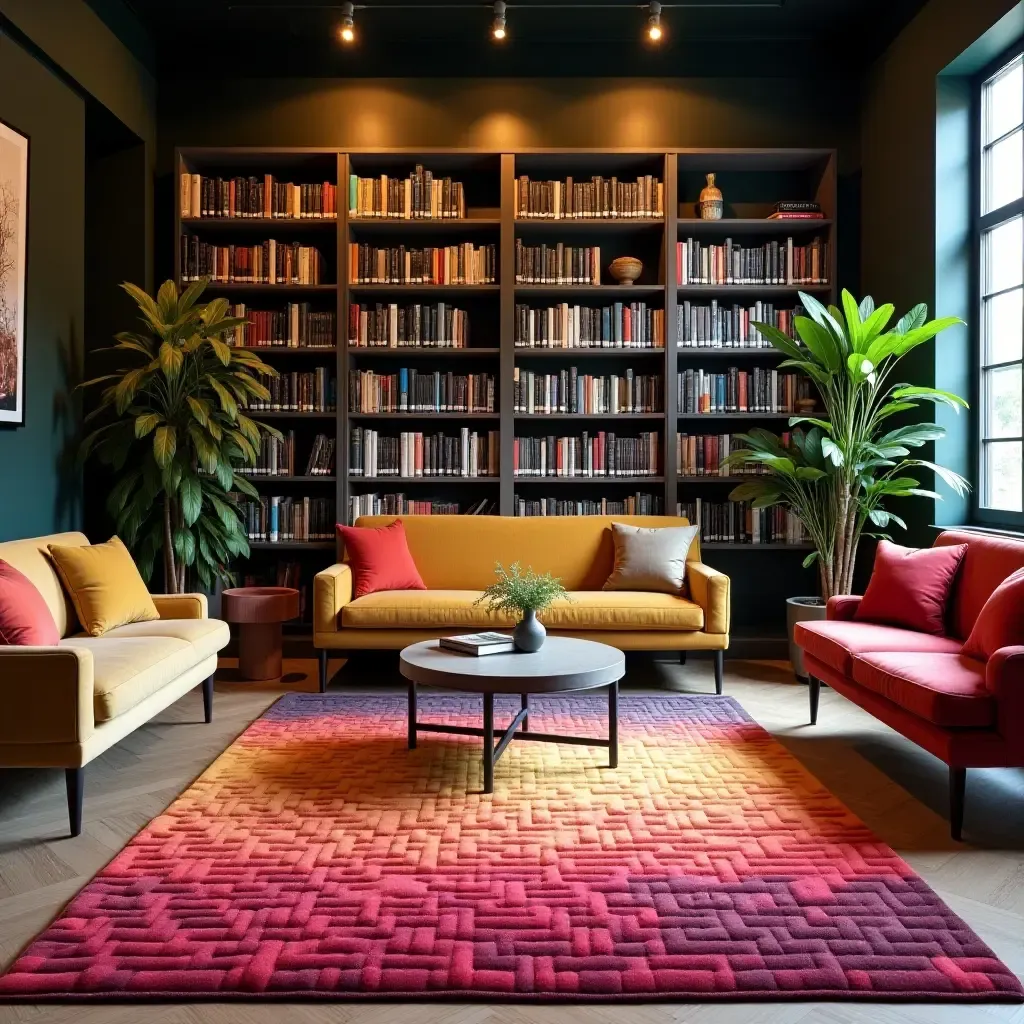 a photo of a colorful tufted rug in a lively library atmosphere