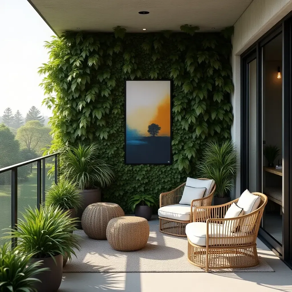 a photo of a stylish balcony featuring a vertical garden and art pieces