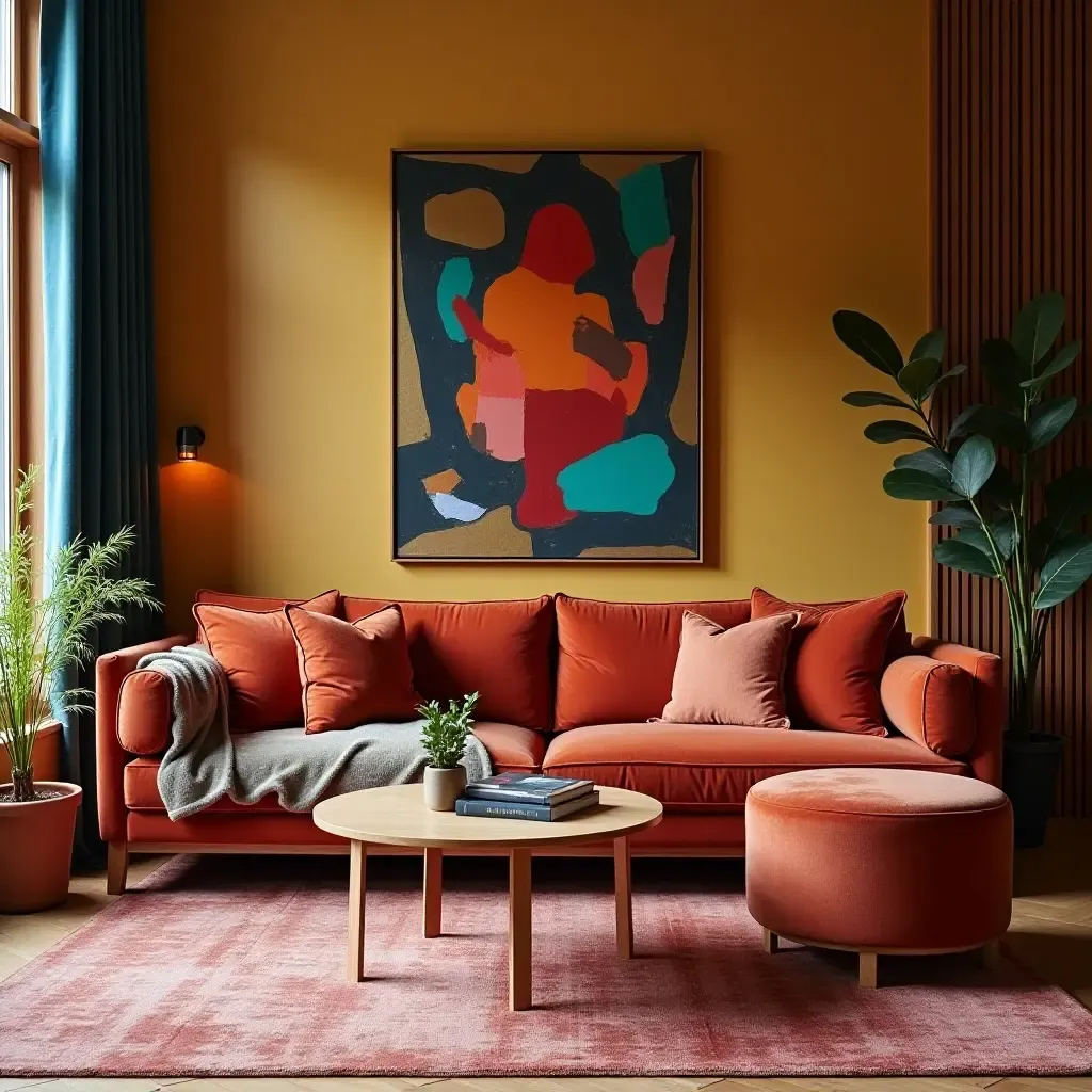 a photo of a vibrant living room with a mix of velvet, wood, and leather furniture